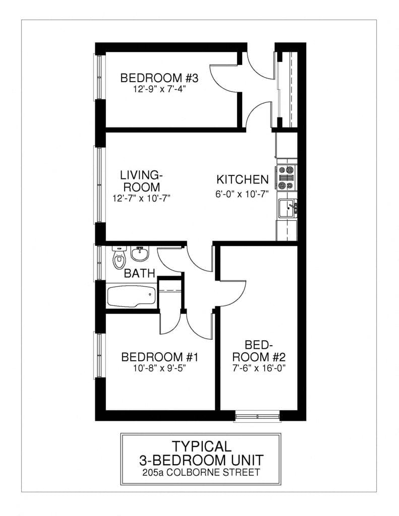 Typical three bedroom floor plan at 18 Elm Street Kingston, 1 bathroom, 595 to 600 square feet