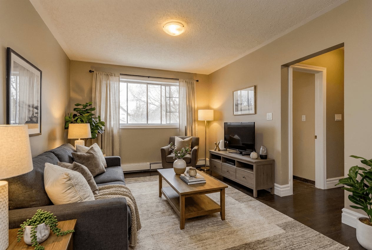 Living room of an 18 Elm Street apartment in Kingston, shown virtually staged